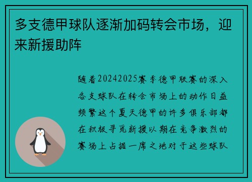 多支德甲球队逐渐加码转会市场，迎来新援助阵