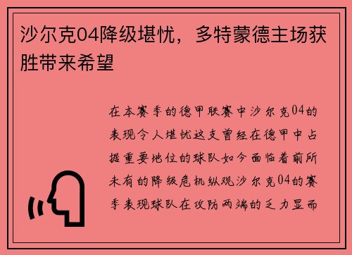 沙尔克04降级堪忧，多特蒙德主场获胜带来希望