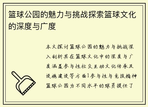 篮球公园的魅力与挑战探索篮球文化的深度与广度