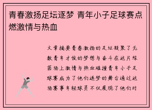 青春激扬足坛逐梦 青年小子足球赛点燃激情与热血