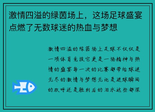 激情四溢的绿茵场上，这场足球盛宴点燃了无数球迷的热血与梦想