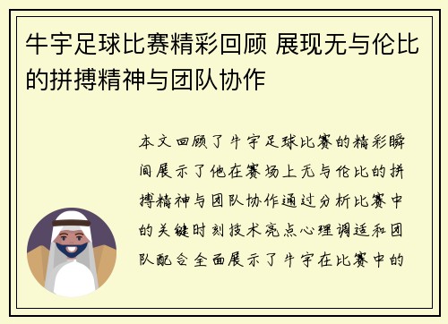 牛宇足球比赛精彩回顾 展现无与伦比的拼搏精神与团队协作