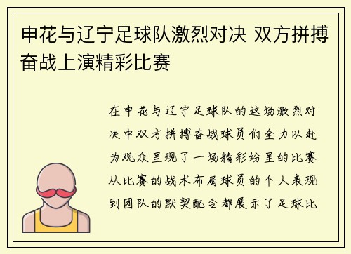 申花与辽宁足球队激烈对决 双方拼搏奋战上演精彩比赛