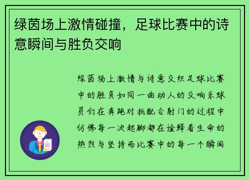 绿茵场上激情碰撞，足球比赛中的诗意瞬间与胜负交响
