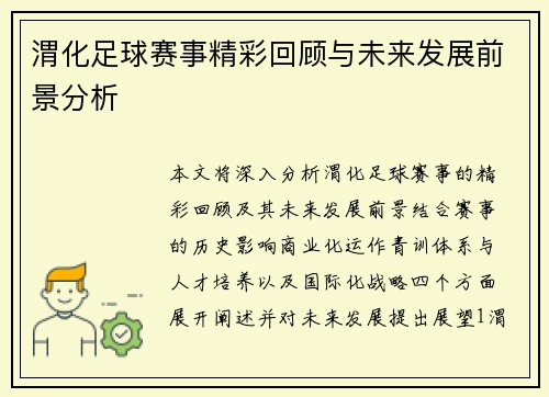 渭化足球赛事精彩回顾与未来发展前景分析