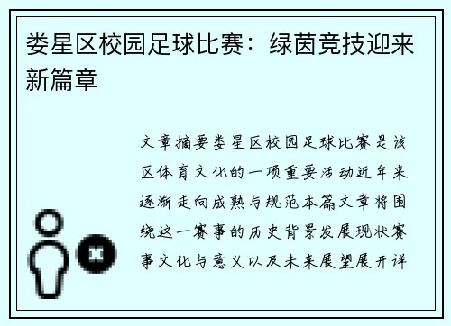 娄星区校园足球比赛：绿茵竞技迎来新篇章