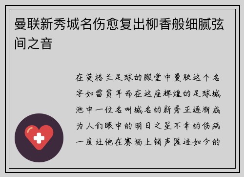 曼联新秀城名伤愈复出柳香般细腻弦间之音
