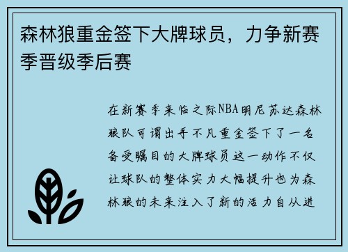 森林狼重金签下大牌球员，力争新赛季晋级季后赛