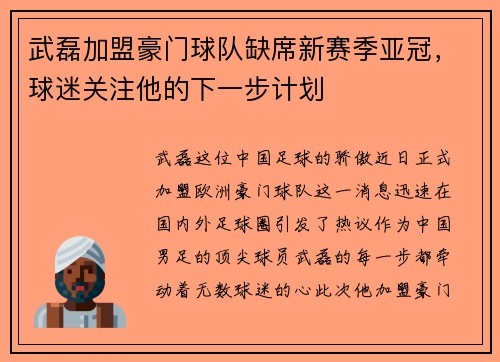 武磊加盟豪门球队缺席新赛季亚冠，球迷关注他的下一步计划