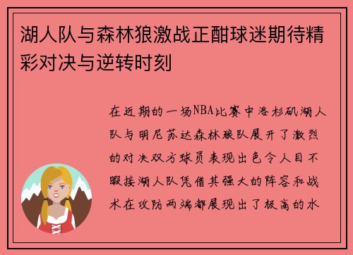 湖人队与森林狼激战正酣球迷期待精彩对决与逆转时刻