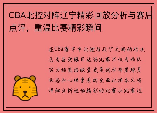 CBA北控对阵辽宁精彩回放分析与赛后点评，重温比赛精彩瞬间