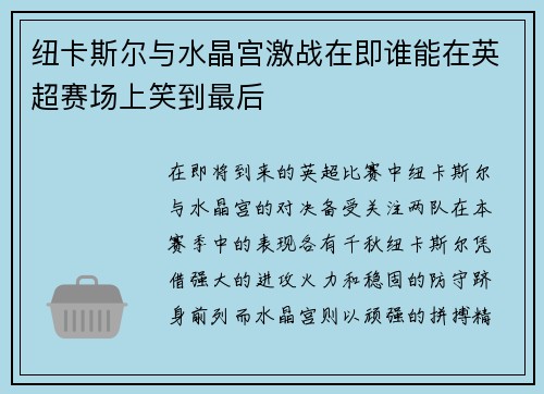 纽卡斯尔与水晶宫激战在即谁能在英超赛场上笑到最后