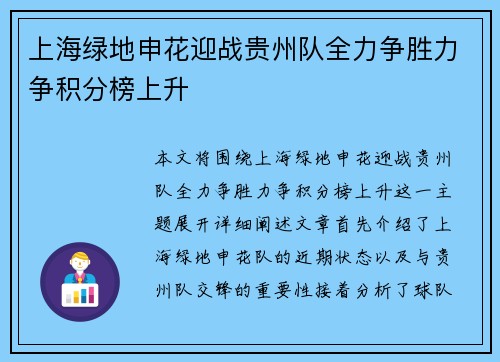 上海绿地申花迎战贵州队全力争胜力争积分榜上升