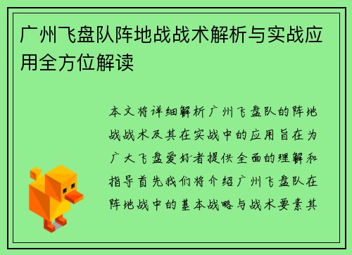 广州飞盘队阵地战战术解析与实战应用全方位解读