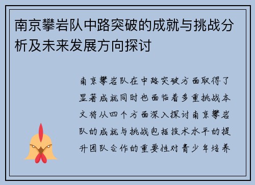 南京攀岩队中路突破的成就与挑战分析及未来发展方向探讨