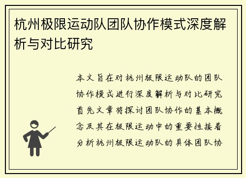 杭州极限运动队团队协作模式深度解析与对比研究