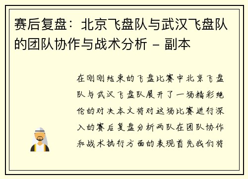 赛后复盘：北京飞盘队与武汉飞盘队的团队协作与战术分析 - 副本