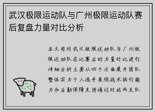 武汉极限运动队与广州极限运动队赛后复盘力量对比分析